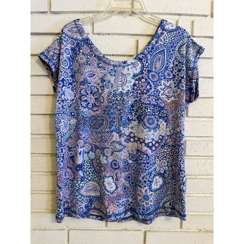 T by Talbots Floral Paisley Activewear Top Sz Lg Blue Short Sleeve Tee Knot Back